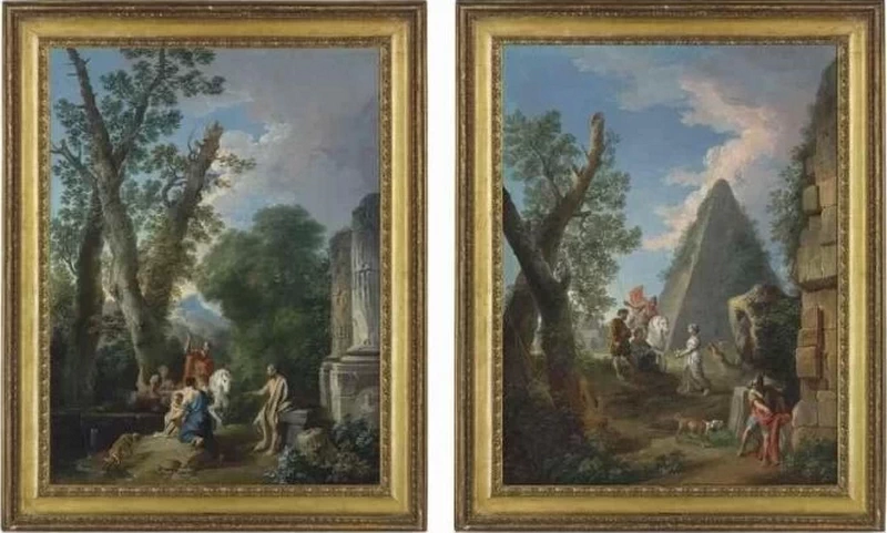 Un paesaggio boschivo all'italiana con rovine classiche - capriccio di una piramide con due centurioni e rovine